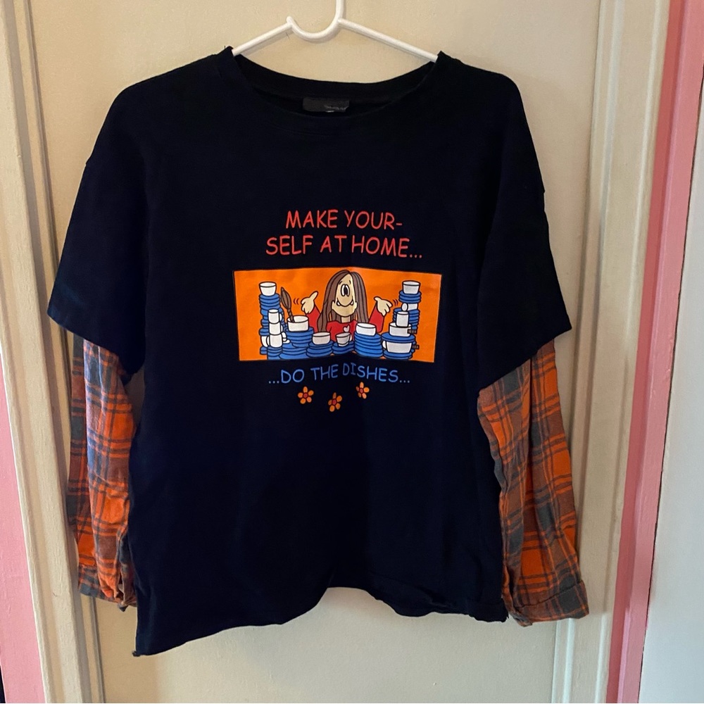 Grunge “Do the Dishes” Graphic T-Shirt with Orange Plaid Sleeves